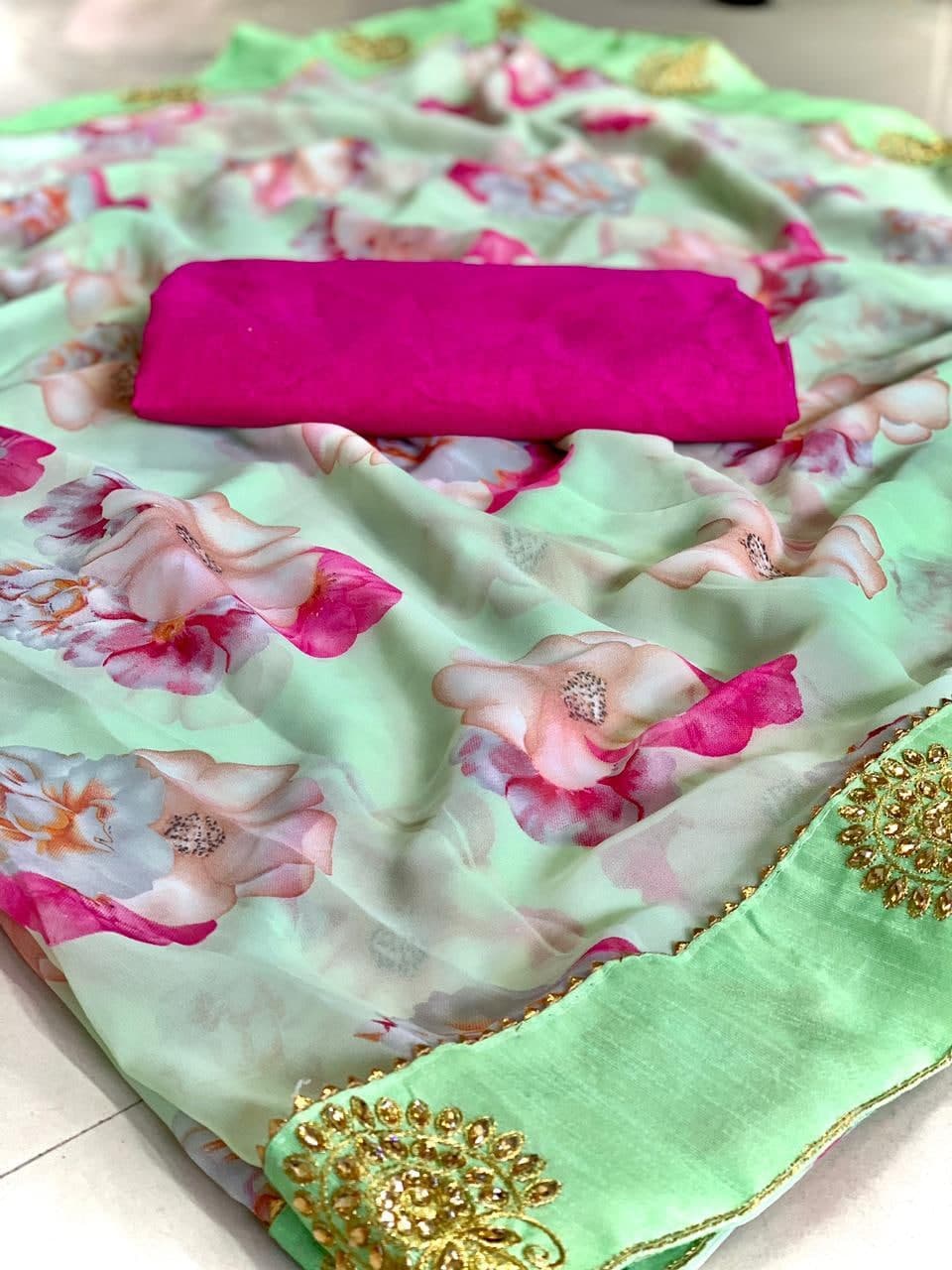 Fabulous Green Color Georgette Printed Embroidered Work Saree Blouse
