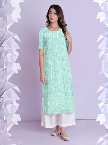 Striking Sea Green Color Festive Wear Full Stitched Thread Work Beautiful Cotton Rayon Kurti Plazo For Ladies
