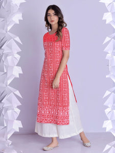 Dazzling Red Color Wedding Wear Cotton Rayon Designer Ready Made Thread Work Kurti Plazo