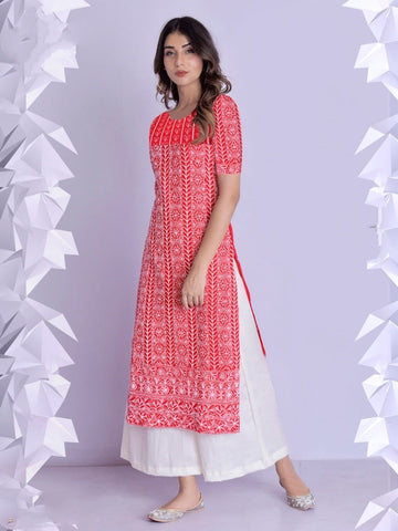 Dazzling Red Color Wedding Wear Cotton Rayon Designer Ready Made Thread Work Kurti Plazo