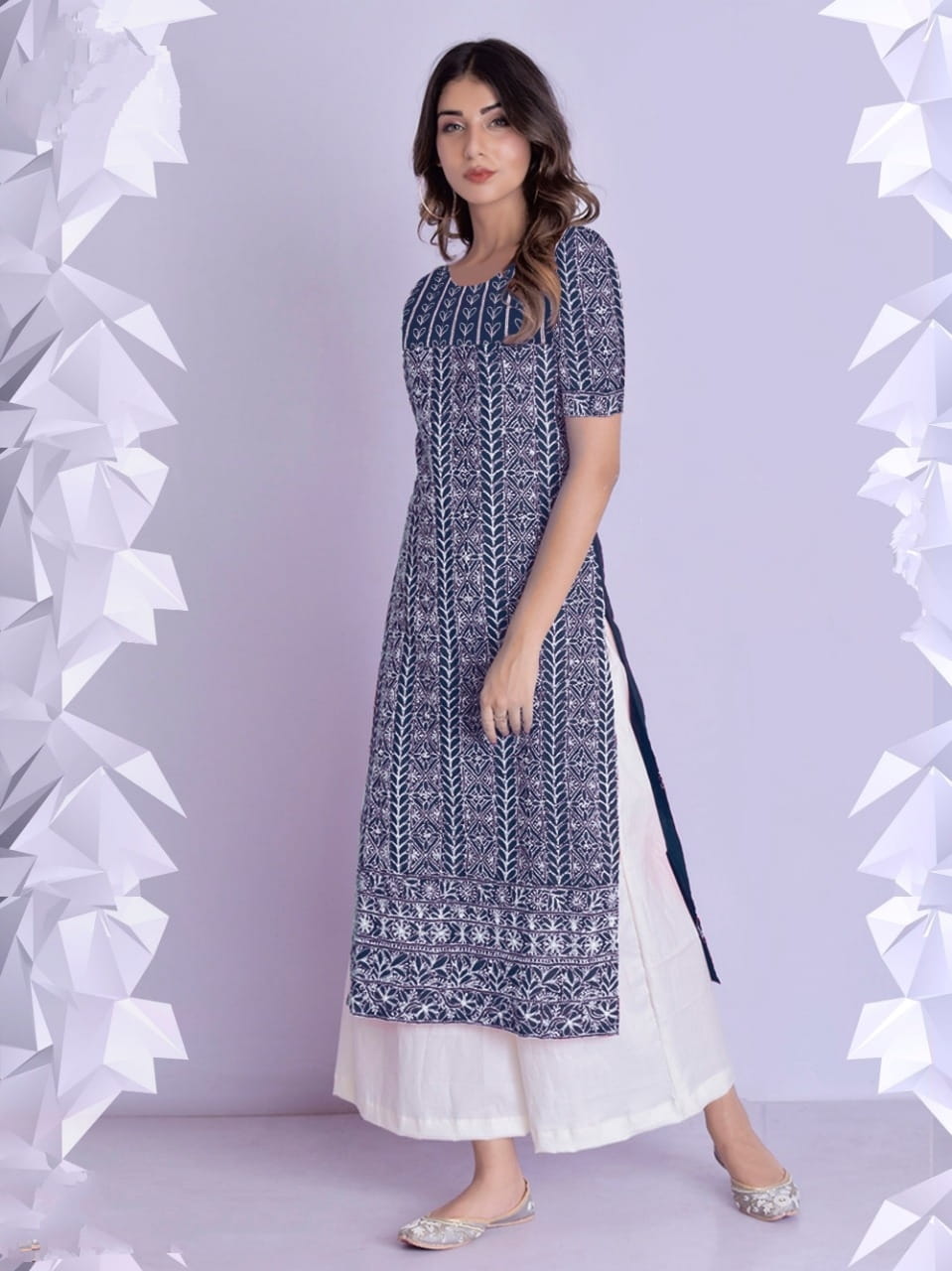 Devastating Navy Blue Color Full Stitched Thread Work Rayon Cotton Fancy Plazo Kurti For Wear