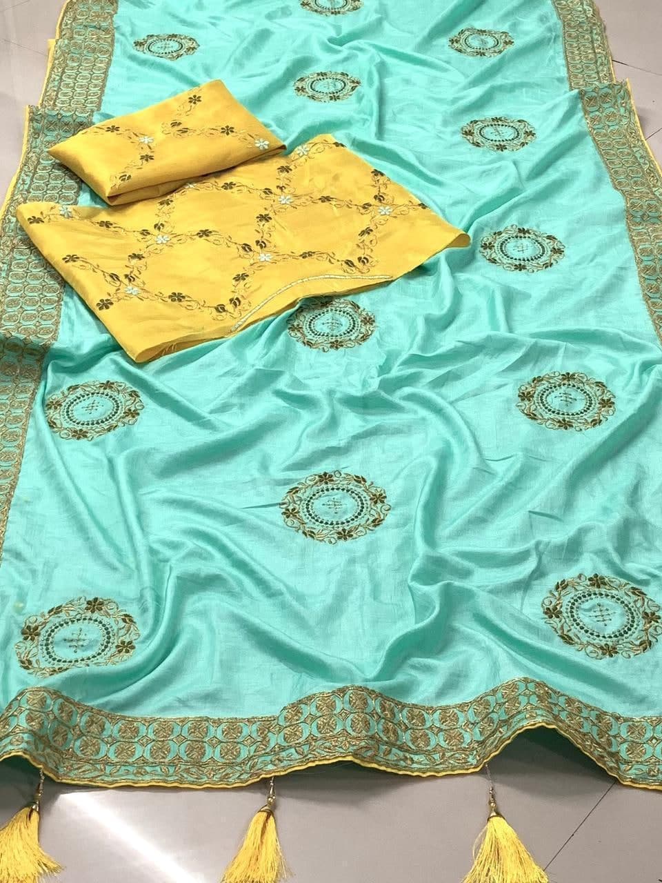 Party Wear Blue Color Dola Silk Embroidered Work Saree Blouse