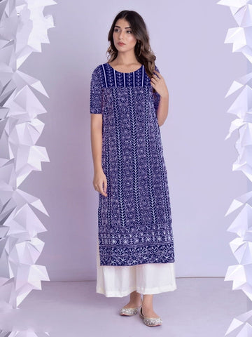 Wonderful Royal Blue Color Cotton rayon Fancy Thread Work Festive Wear Full Stitched Plazo Kurti For Women