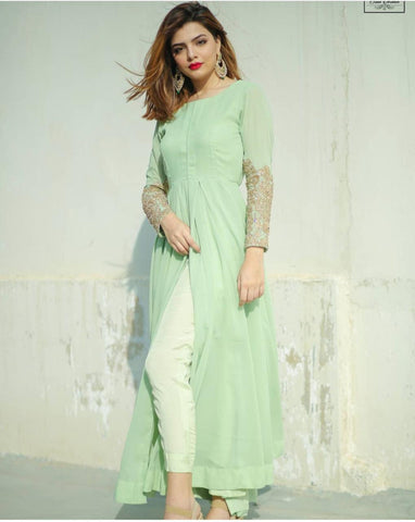 Magnificent Sea Green Color Full Stitched American Silk Thread Coding Diamond Hand Work Kurti Pent For Wedding Wear