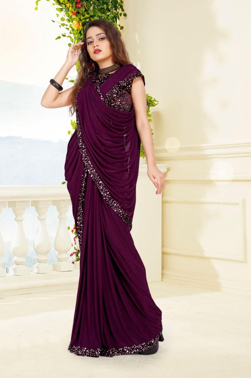 Dazzling Wine Color Silk Lycra Sequence Work Design Saree Blouse For Ladies