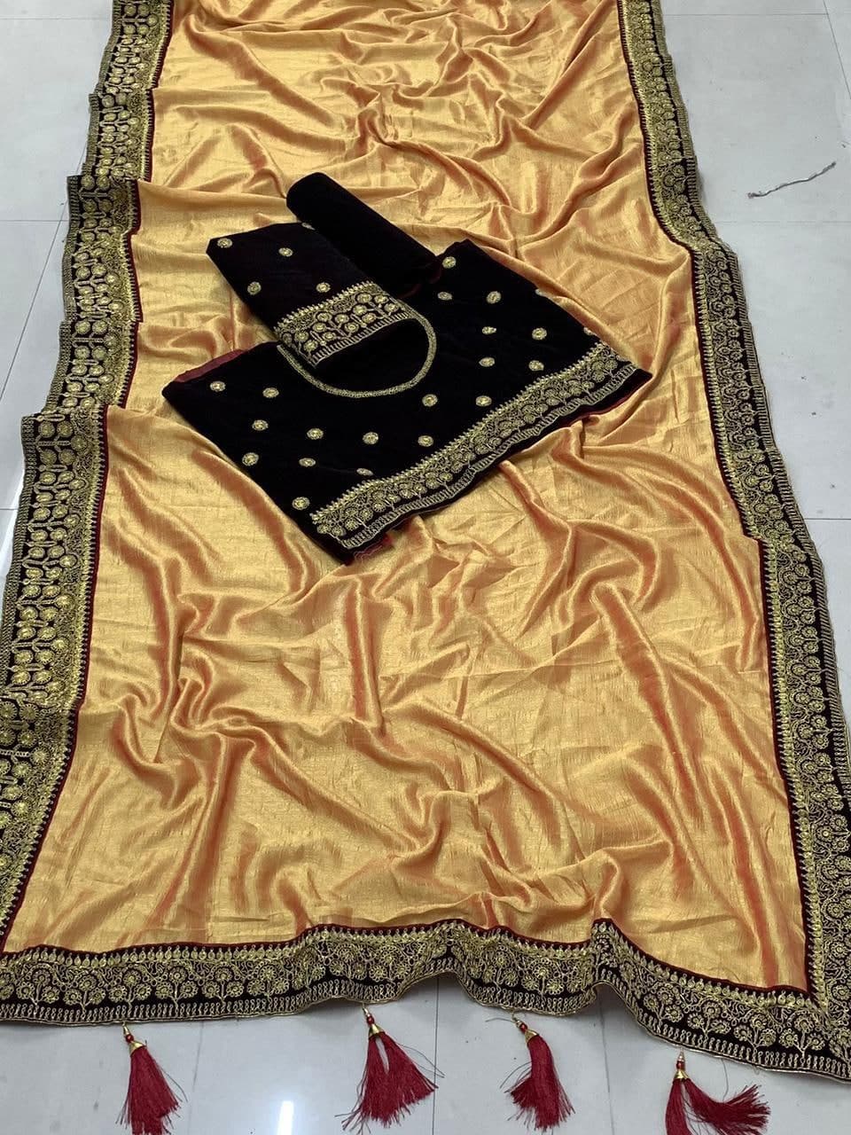Classic Cream Color Function Wear Vichitra Silk Embroidered Work Saree Blouse