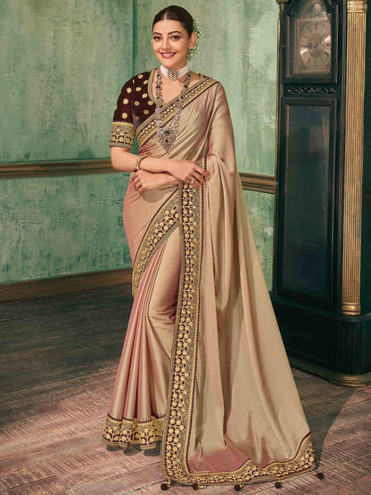 Classic Cream Color Function Wear Vichitra Silk Embroidered Work Saree Blouse