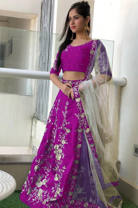 Captivating Violet Color Fancy Embroidered Work Silk Banglori Design Festive Wear Lehenga Choli