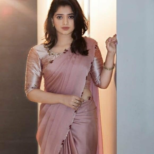 Pretty Pink Color Hand Work Designer Rangoli Silk Saree Blouse