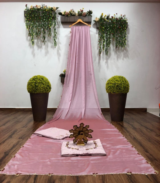 Pretty Pink Color Hand Work Designer Rangoli Silk Saree Blouse