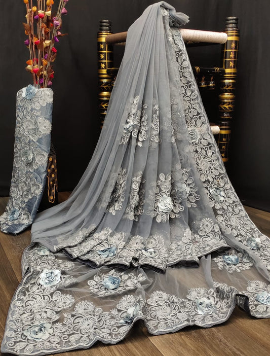 Alluring Grey Color Wear Nylon Net Designer Stone Applique Embroidered Work Designer Saree Blouse