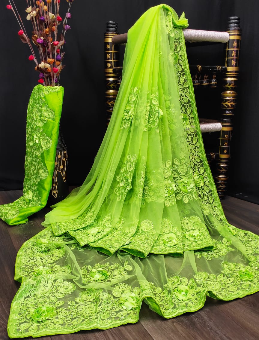 Exquisite Light Green Color Designer Applique Stone Embroidered Work Nylon Net Wedding Wear Designer Saree Blouse