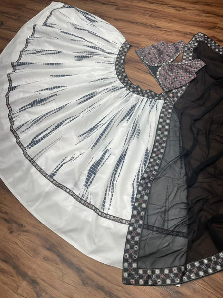 Demanding White Color Tapeta Silk Mirror Printed Lehenga Choli For Festive Wear