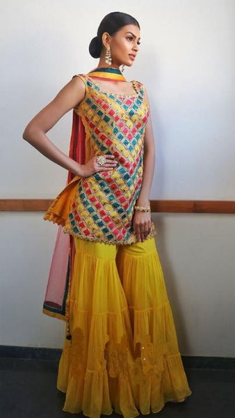 Perplexing Yellow Color Italian Silk Digital Fancy Printed Sharara Salwar Suit