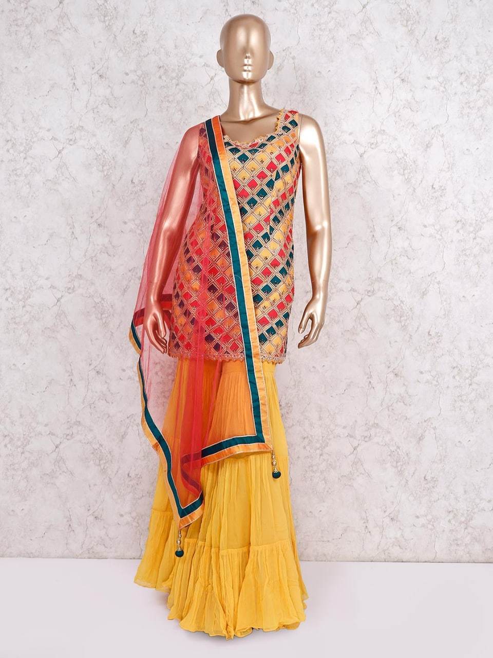 Perplexing Yellow Color Italian Silk Digital Fancy Printed Sharara Salwar Suit