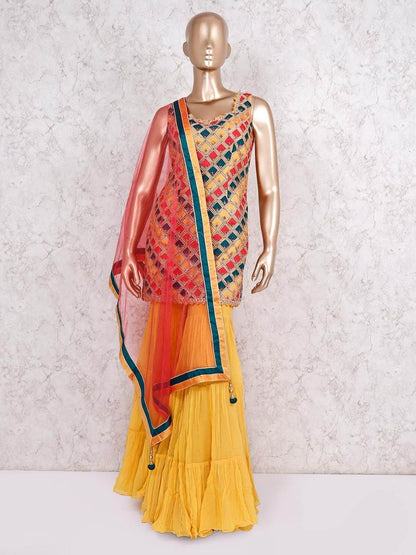 Perplexing Yellow Color Italian Silk Digital Fancy Printed Sharara Salwar Suit