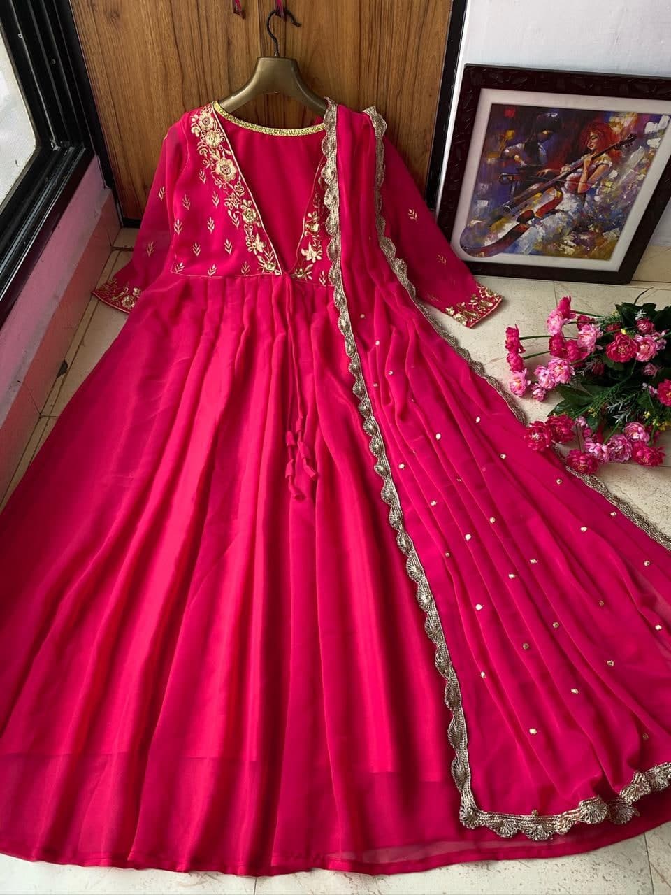 Appealing Rani Pink Color Embroidered Work Ready Made Georgette Gown