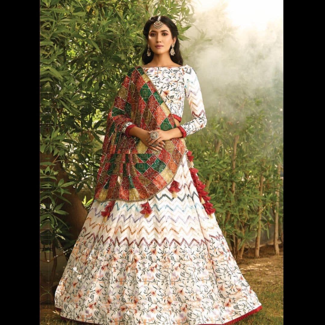 Sensational White Color Festive Wear Silk Embroidered Mirror Work Lehenga Choli