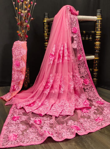 Smashing Pink Color Function Wear Nylon Net Embroidered Stone Applique Designer Work Designer Saree Blouse