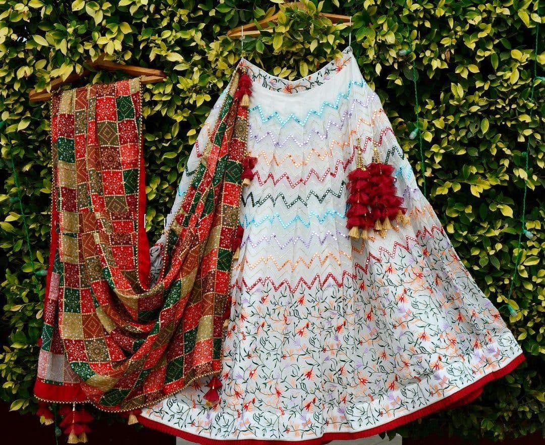 Sensational White Color Festive Wear Silk Embroidered Mirror Work Lehenga Choli