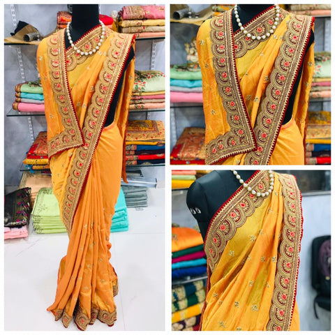 Beauteous Mustard Color Designer Vichtra Silk Resham Zari Embroidered Cut Work Lace Diamond Hand Work Designer Saree Blouse For Wear