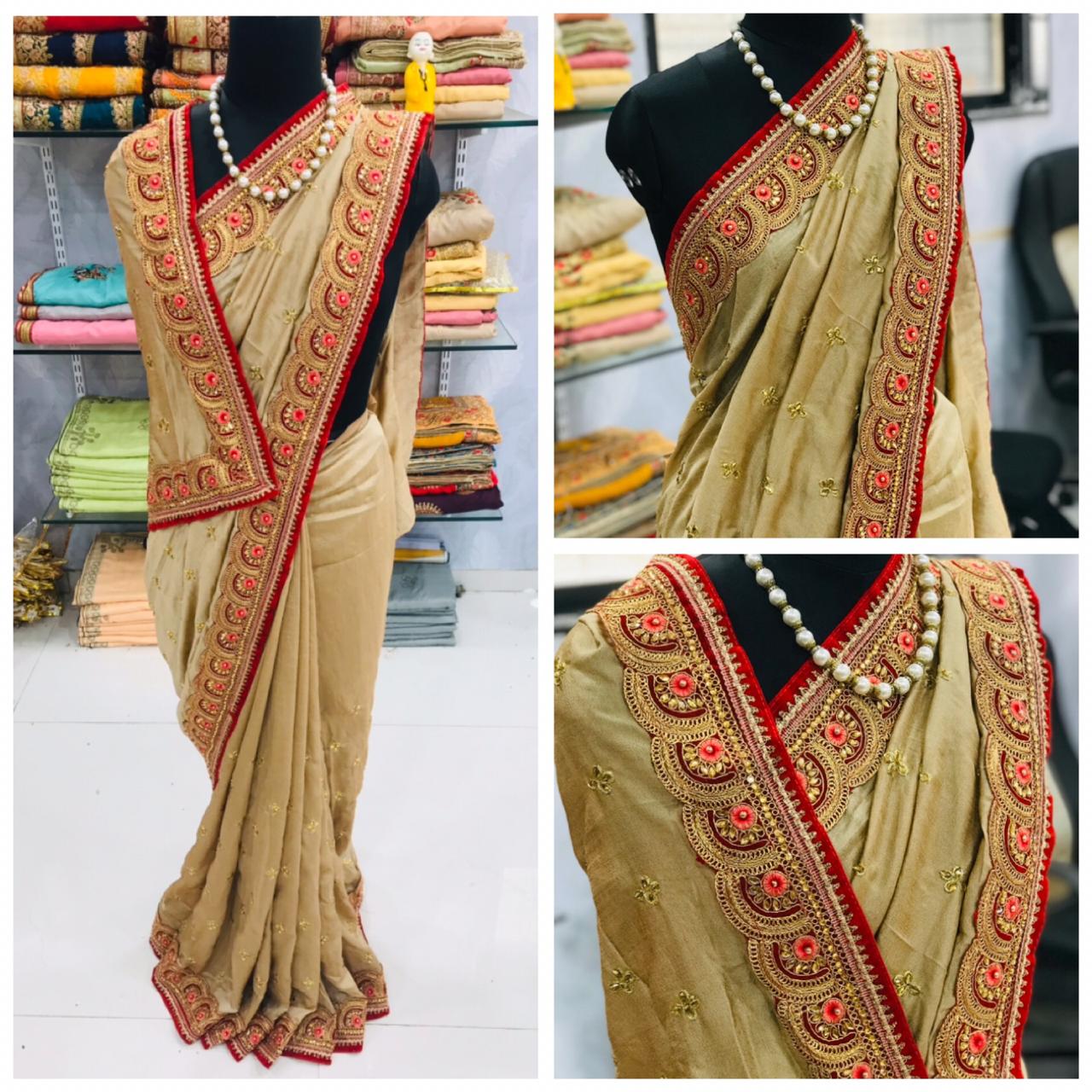 Extraordinary Mehendi Green Color Function Wear Vichitra Silk Fancy Cut Hand Resham Zari Diamond Embroidered Work Designer Saree Blouse
