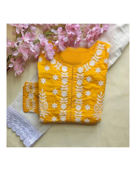 Blooming Yellow Color Ready Made Cotton Moti Work Kurti Pent