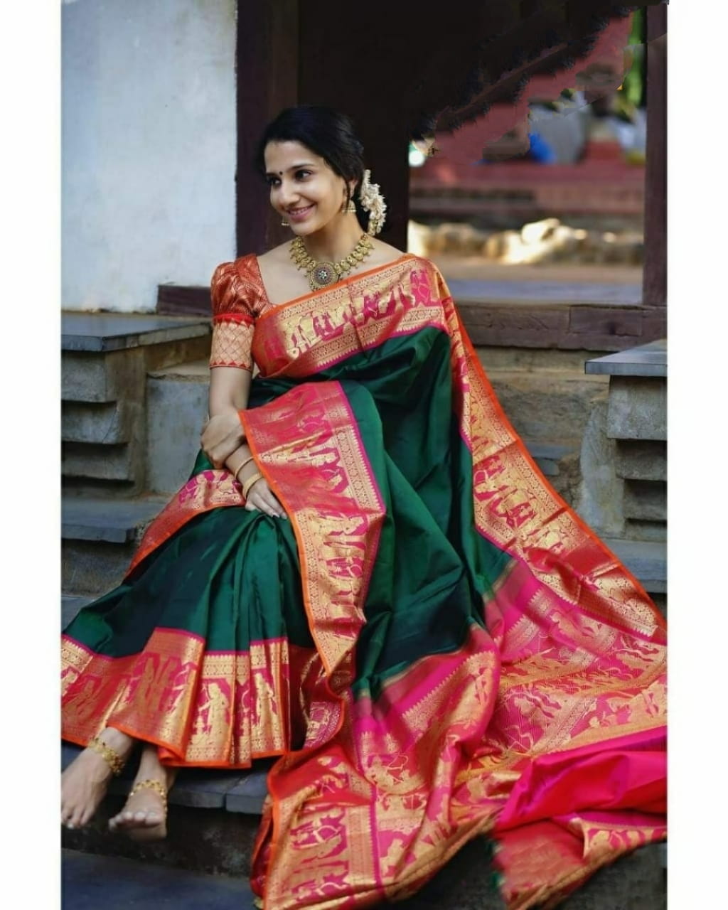Incredible Dark Green Color Wedding Wear Lichi Soft Silk All Over Jacquard Work Border Designer Saree Blouse