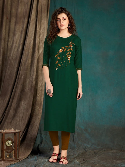 Festive Wear Dark Green Slub Rayon Designer Embroidered Work Full Stitched Kurti