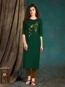 Festive Wear Dark Green Slub Rayon Designer Embroidered Work Full Stitched Kurti