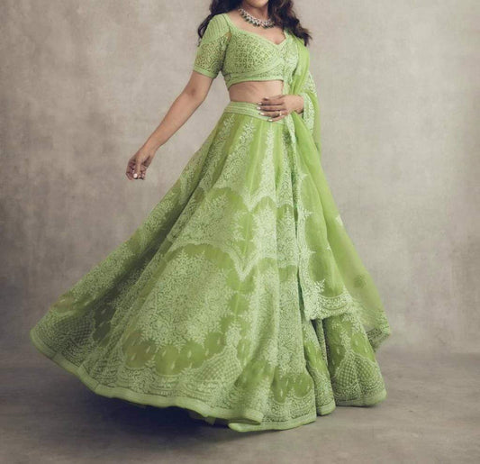 Thrilling Green Color Thread Embroidered Work Nylon Net Lehenga Choli For Women