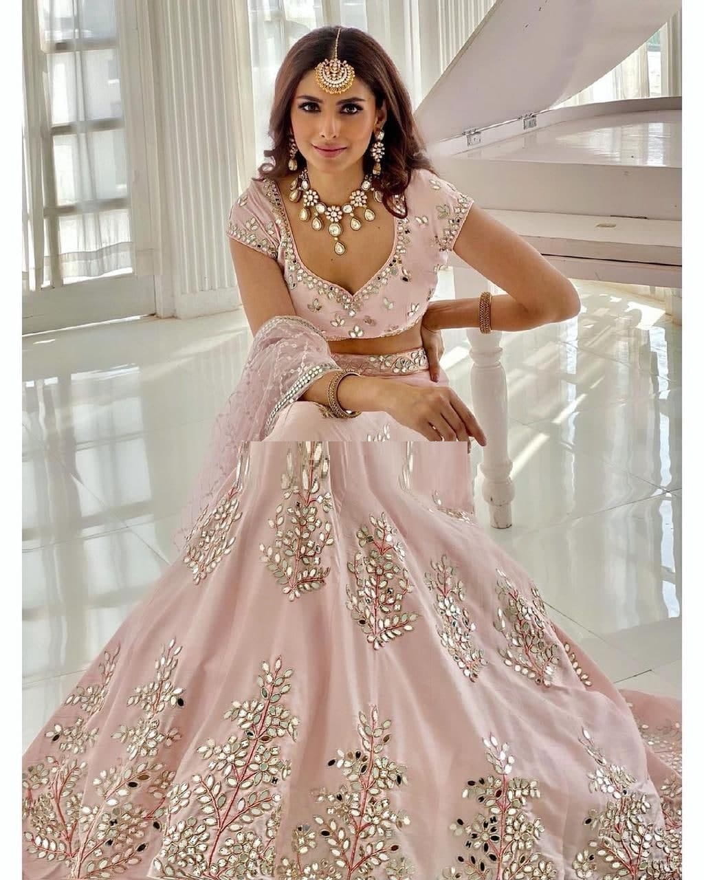 Party Wear Classic Peach Color Silk Embroidered Work Lehenga Choli
