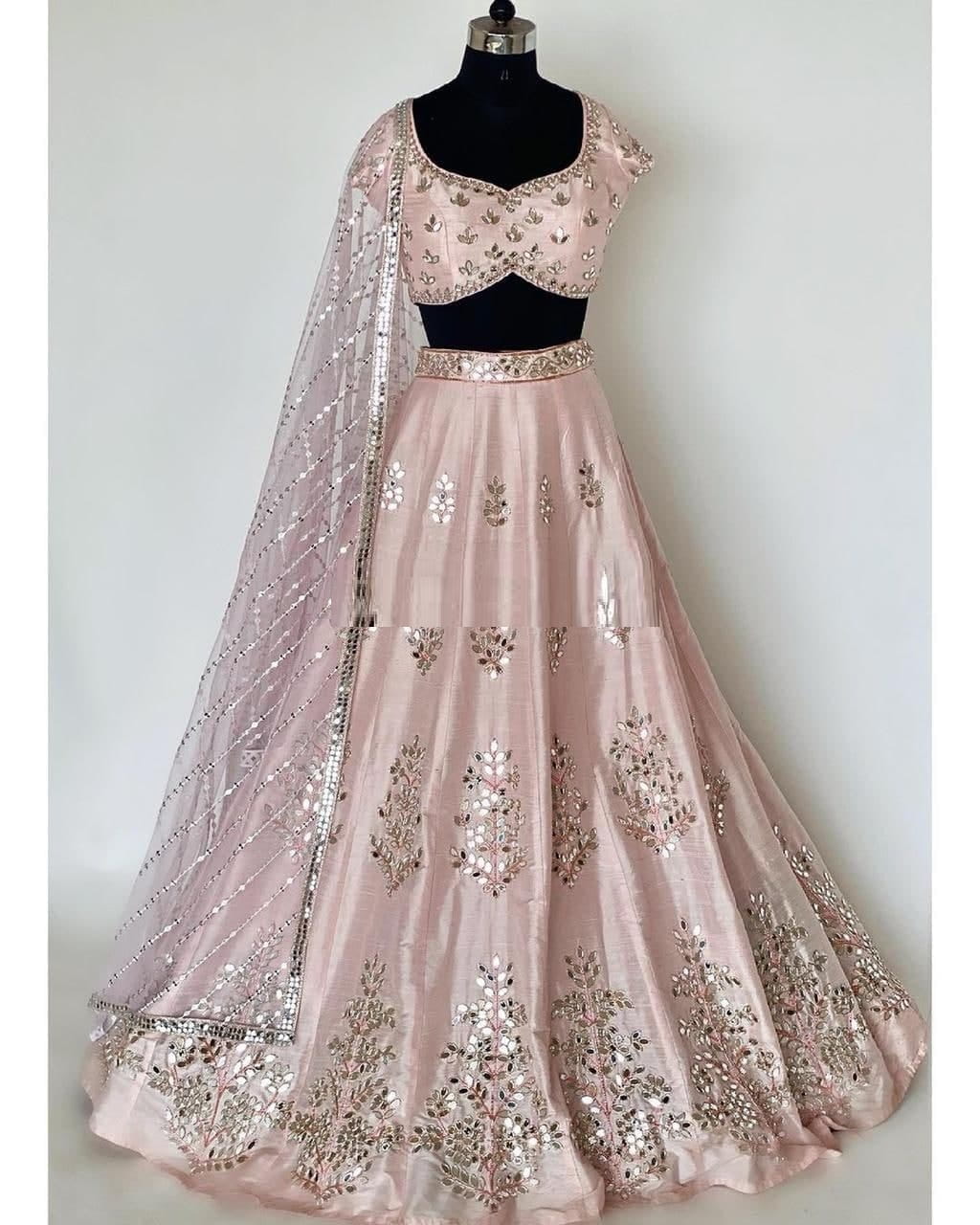 Party Wear Classic Peach Color Silk Embroidered Work Lehenga Choli