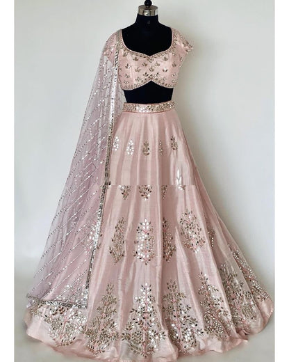 Party Wear Classic Peach Color Silk Embroidered Work Lehenga Choli