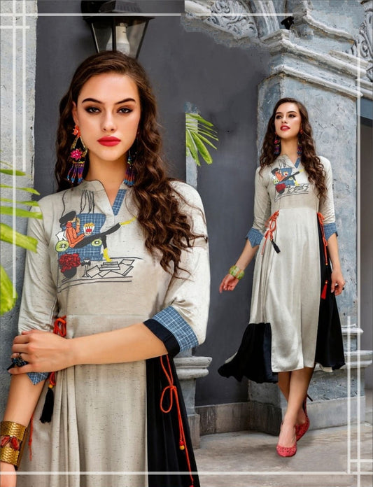 Splendid Grey Color Party Wear Ready Made Digital Printed Beautiful Cotton Kurti For Women