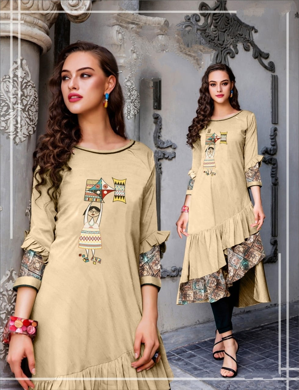 Imposing Cream Color Full Stitched Cotton Printed Digital Design Kurti For Festive Wear