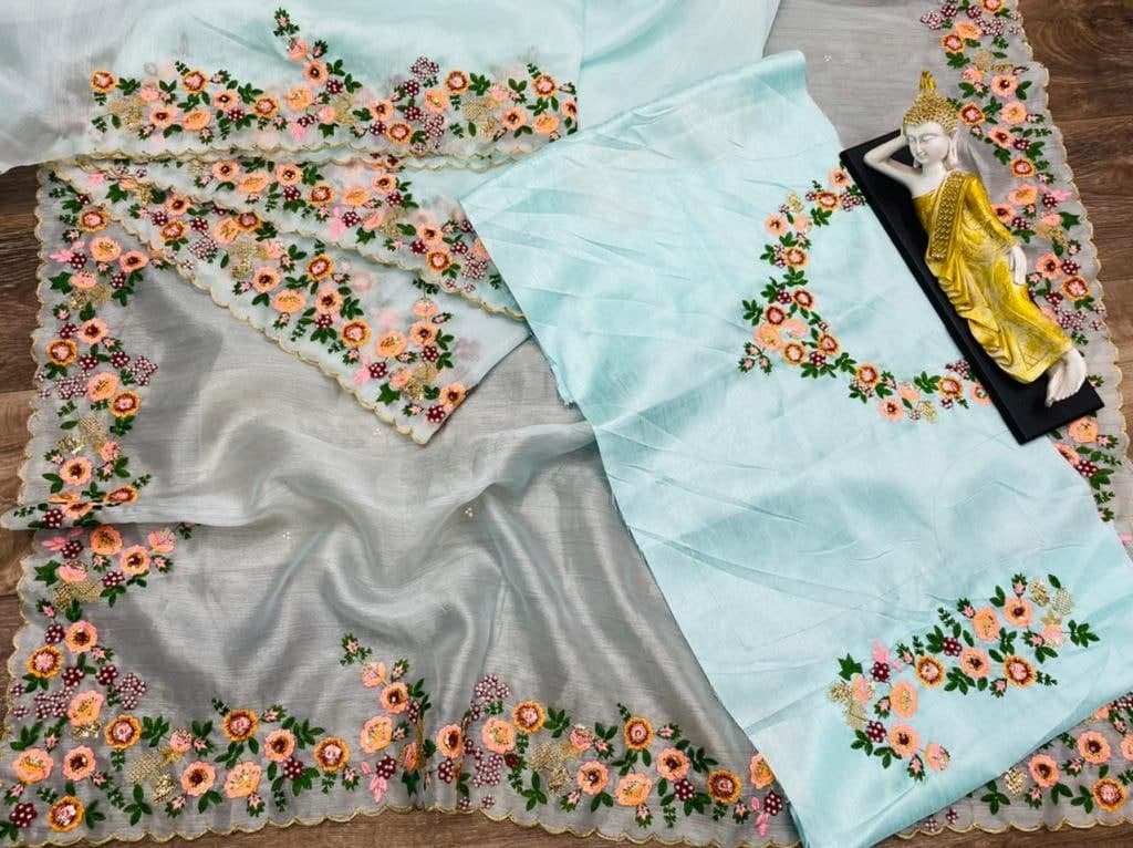 Sizzling Sea Green Color Organza Sequence Embroidered Work Saree Blouse