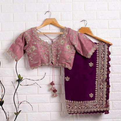 Alluring Wine Color Organza Sequence Work Wedding Wear Saree Blouse