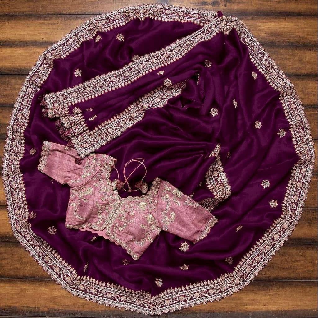 Alluring Wine Color Organza Sequence Work Wedding Wear Saree Blouse