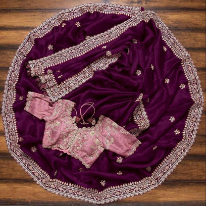 Alluring Wine Color Organza Sequence Work Wedding Wear Saree Blouse