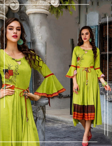 Mind-Blowing Green Color Function Wear Ready Made Cotton Fancy Digital Printed Kurti