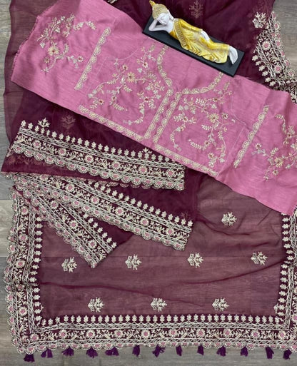 Alluring Wine Color Organza Sequence Work Wedding Wear Saree Blouse