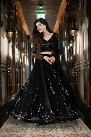 Fabulous Black Color Designer Wedding Wear Heavy Net Thread Sequence Embroidered Work Lehenga Choli
