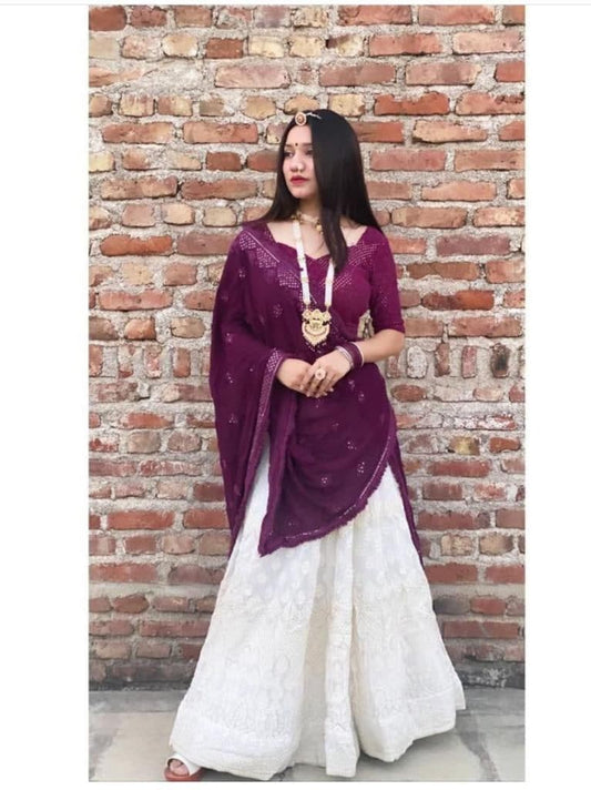 Remarkable Wine Color Chine Stitched Work Georgette Wedding Wear Lehenga Choli