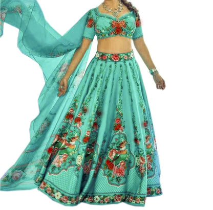 Wondrous Blue Color Italian Silk Digital Printed Function Wear Lehenga Choli
