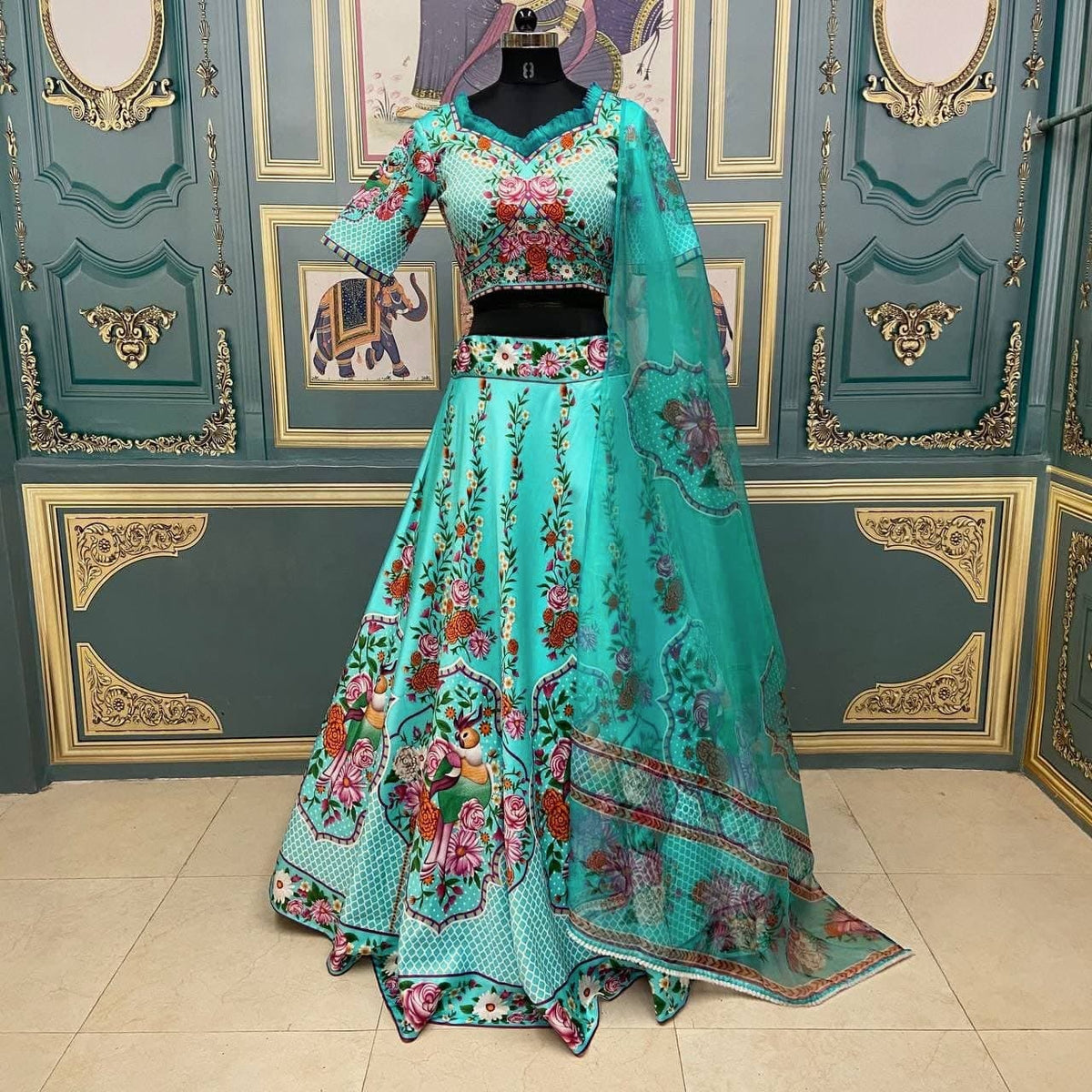 Wondrous Blue Color Italian Silk Digital Printed Function Wear Lehenga Choli