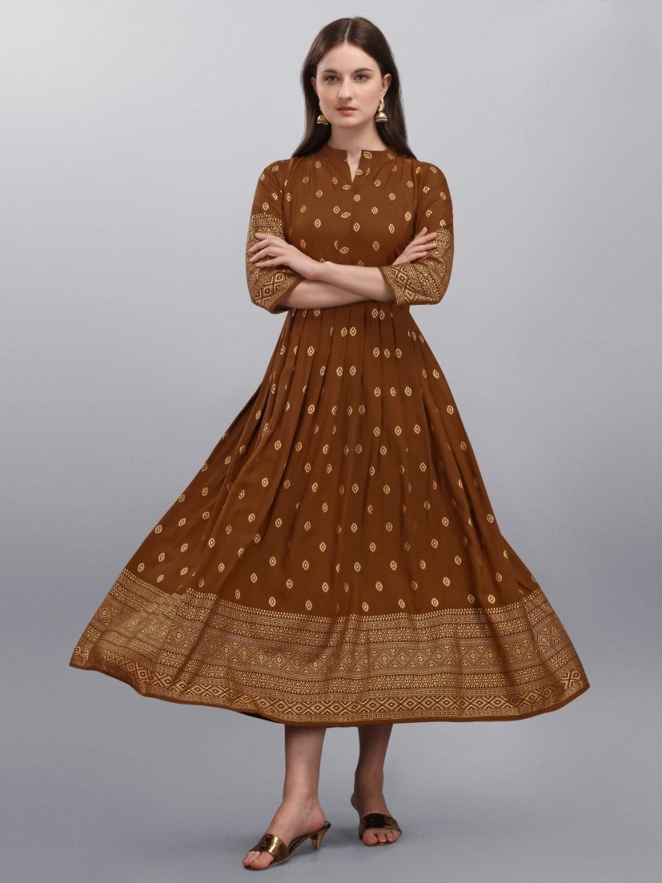 Alluring Copper Brown Color Designer Rayon Printed Ready Made Gown