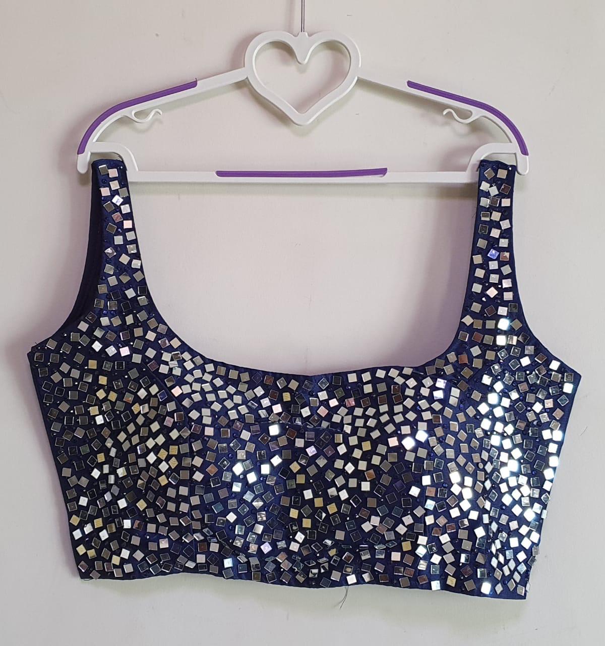 Wondrous Navy Blue Color Full Stitched Led Stone Hand Real Mirror Work Fentam Silk Festive Wear Blouse