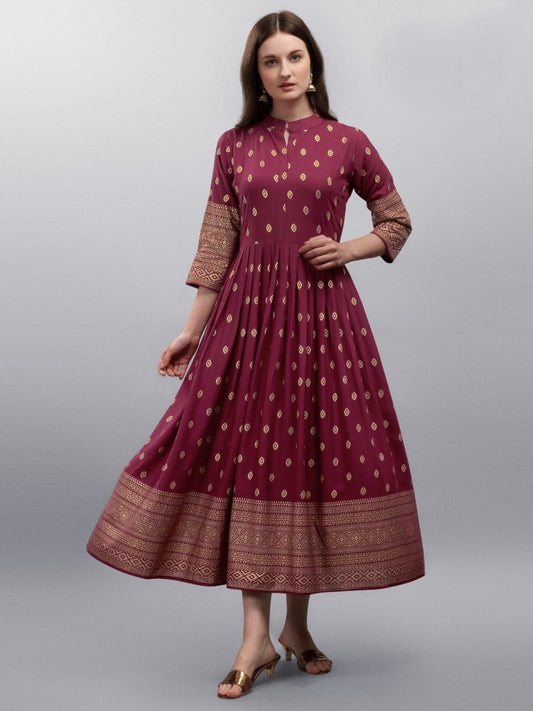 Appealing Maroon Color Wedding Wear Foil Printed Rayon Ready Made Gown
