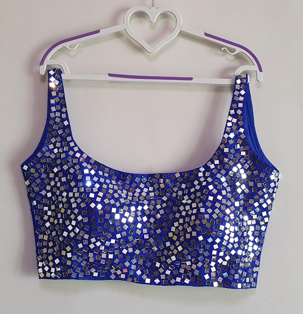 Attractive Royal Blue Color Party Wear Ready Made Fentam Silk Real Mirror Led Stone Hand Work Blouse